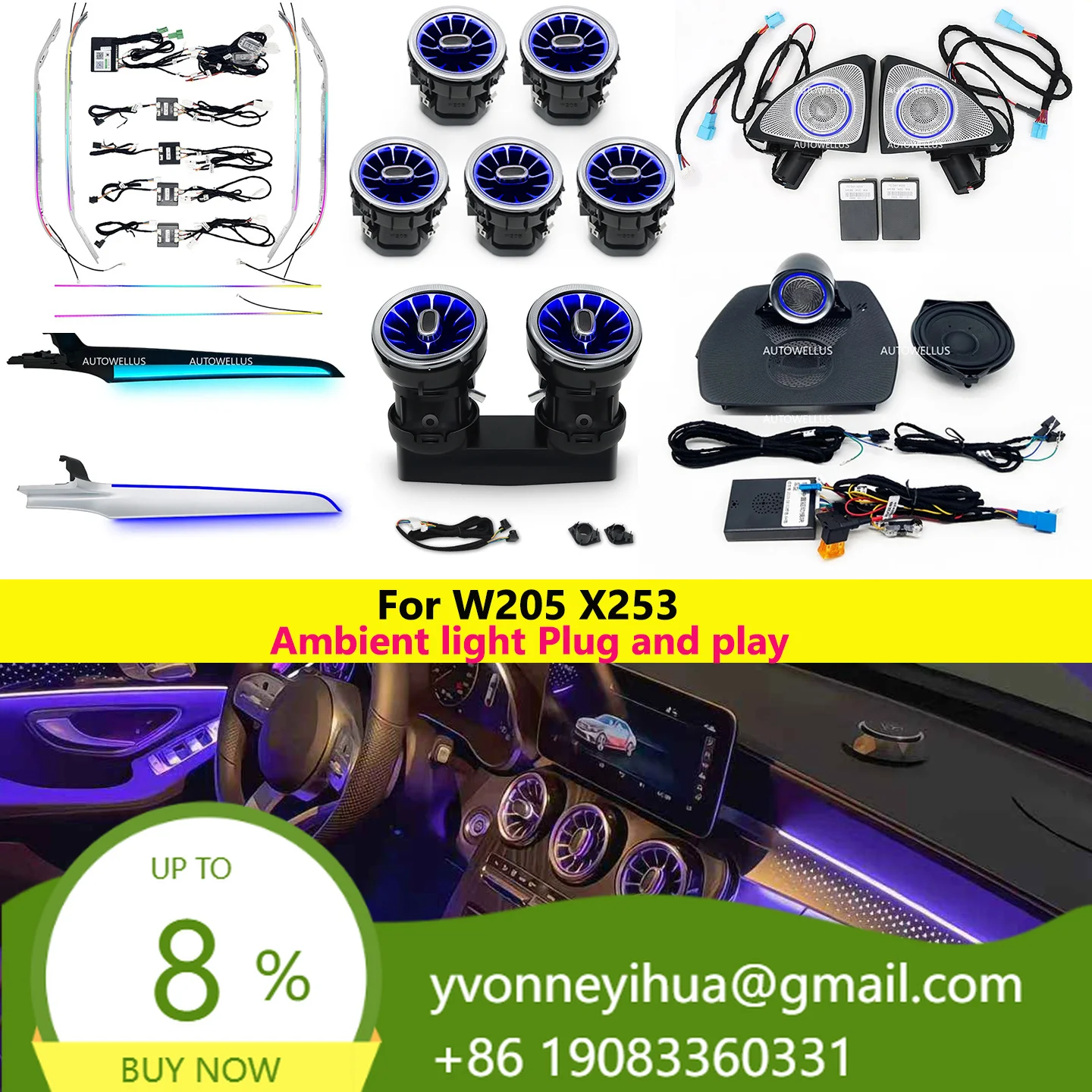 W205 X253 Car Interior Ambient Light With 64 Colors LED Original Screen & Smartphone APP Control Plug And Play Installation
