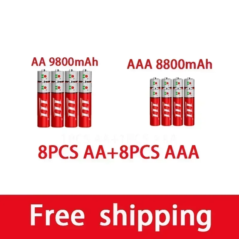 충전식 알카라인 배터리 손전등, 장난감 시계, MP3 플레이어, AA + AA, 1.5V, 9800mah-1.5V, AAA, 8800mAh, 무료 배송