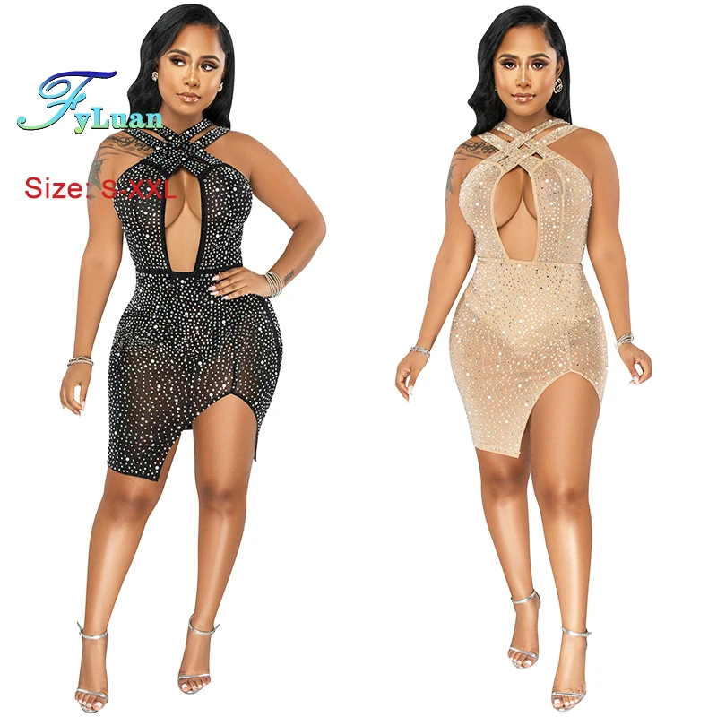 Splendido abito da festa corto da donna in rete trasparente scintillante estiva Temperamento sexy Sottile e sottile Cut-Out Crystal Party Night Clubwear