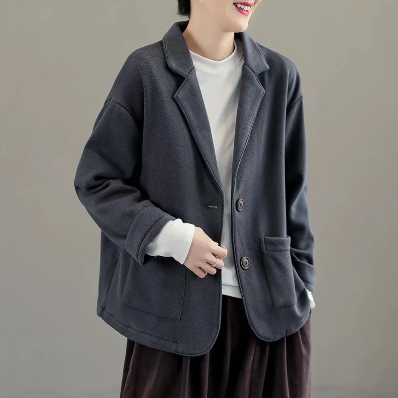 2023 Autumn Winter New Arts Style Women Single Breasted Loose Casual Blazers Double Pockets Vintage Woolen Basic Blazer  P235