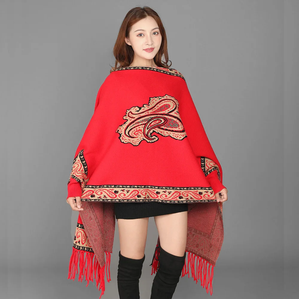 Women Ethic Style Cheongsam Shawl with Sleeve Cashmere Blend Pashmina Female Print Cashew Flower Ponchos Bufanda and Wraps