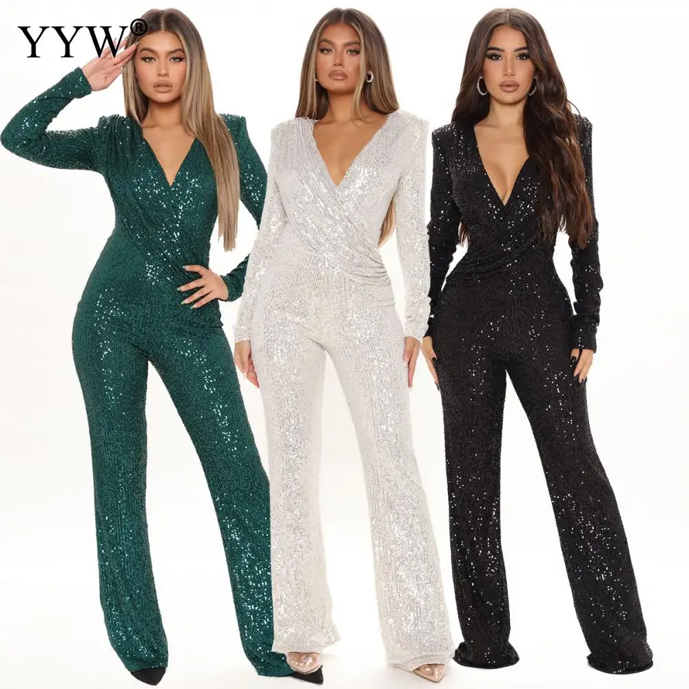 

Sequin Jumpsuit Women Sexy Deep V-neck One Piece Bodysuit Jumpsuits For Women 2022 Elegant Night Party Outfits Overalls Body
