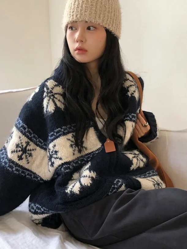 Retro Fair Isle Knitted Sweater Coat Women's Loose Korean Sle Autumn Winter Lazy Faion Open Cardigan Trendy Girl's Clothes