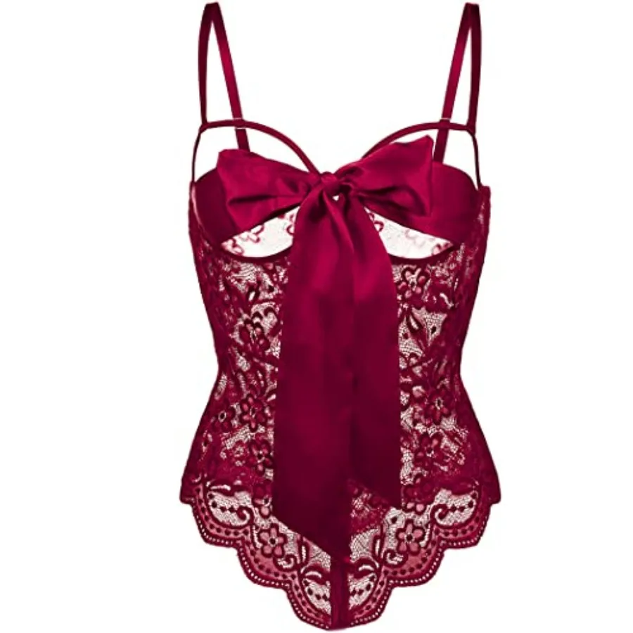 

Women Teddy Lingerie Floral Lace Bodysuit Bow Front One Pcs Babydoll Mini Bodysuit S-XXL