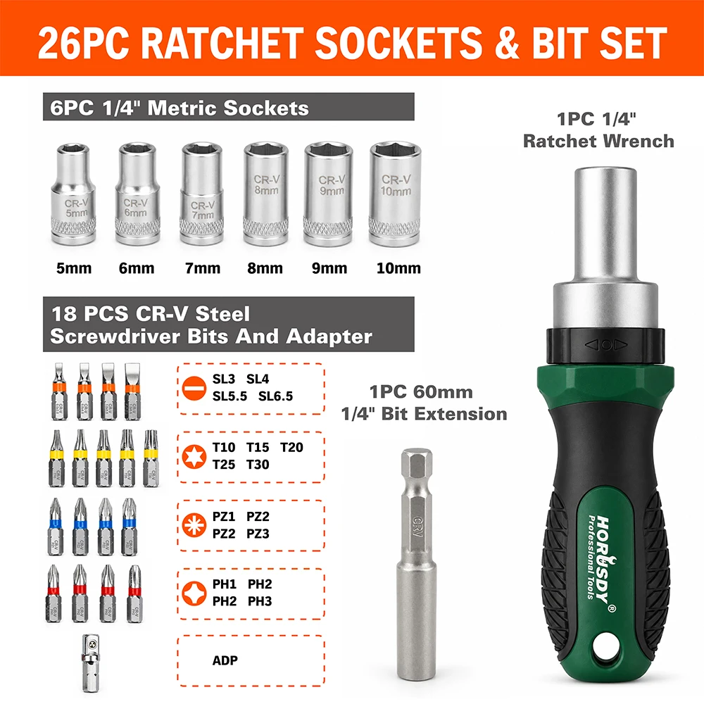 HORUSDY 26-Pc Ratchet Socket Bit Set 72-Tooth CR-V Steel Magnetic Screwdriver Kit with Case for Auto Home Repair DIY