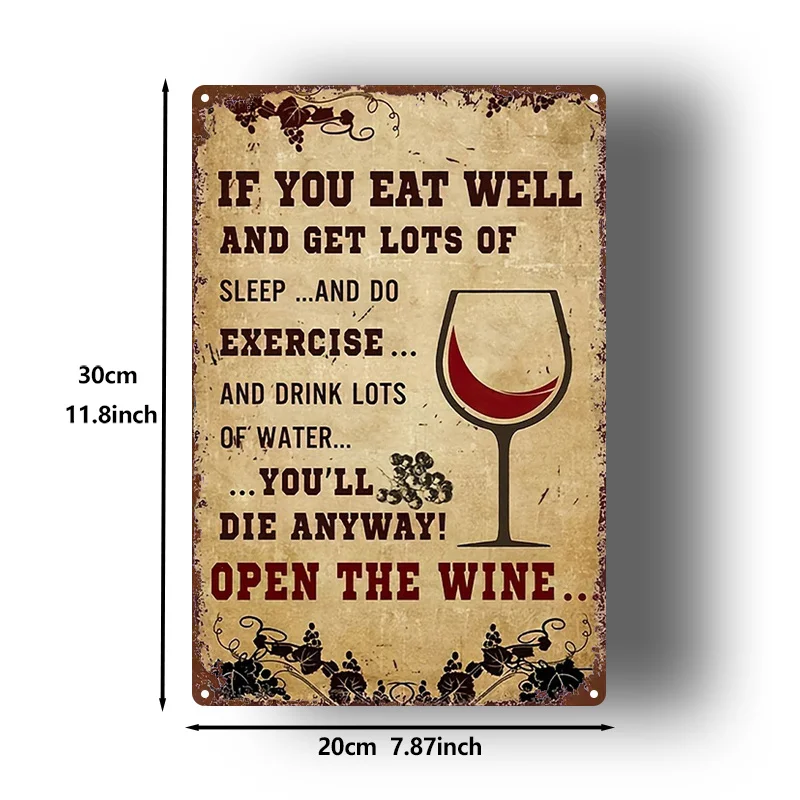 2D Flat, 1pc, Metal Sign, Vintage Humorous Painting: The Philosophy of Health and Red Wine, Durable Metal Plaque,