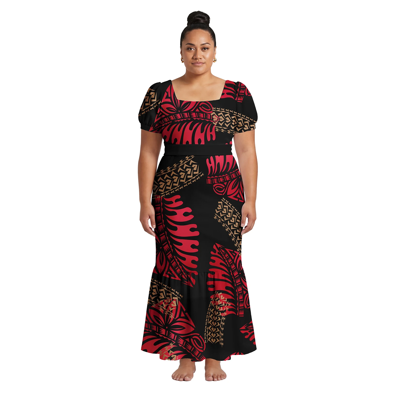

Custom Samoan Island Short Sleeve Women Clothes Polynesian Beach Holiday Square Neck Dress Ladies Hawaiian Fashion Mermaid Dress
