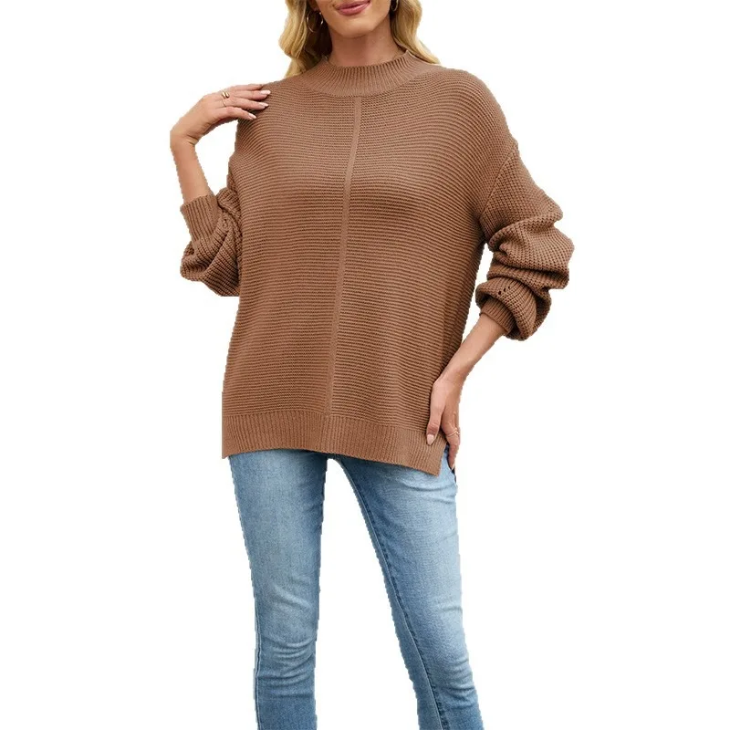 

Knitted solid-color tops half-high neck loose pullover sweater women