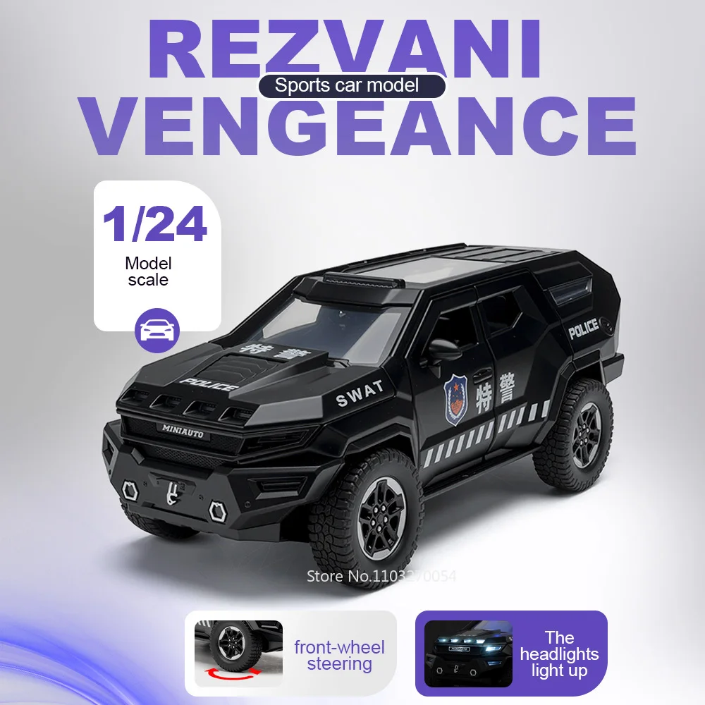 

1:24 Rezvani Vengeance Sabertooth Vehices Alloy Diecast Model Toys Car Doors Opened Sound Light Pull Back Models Home Decoration