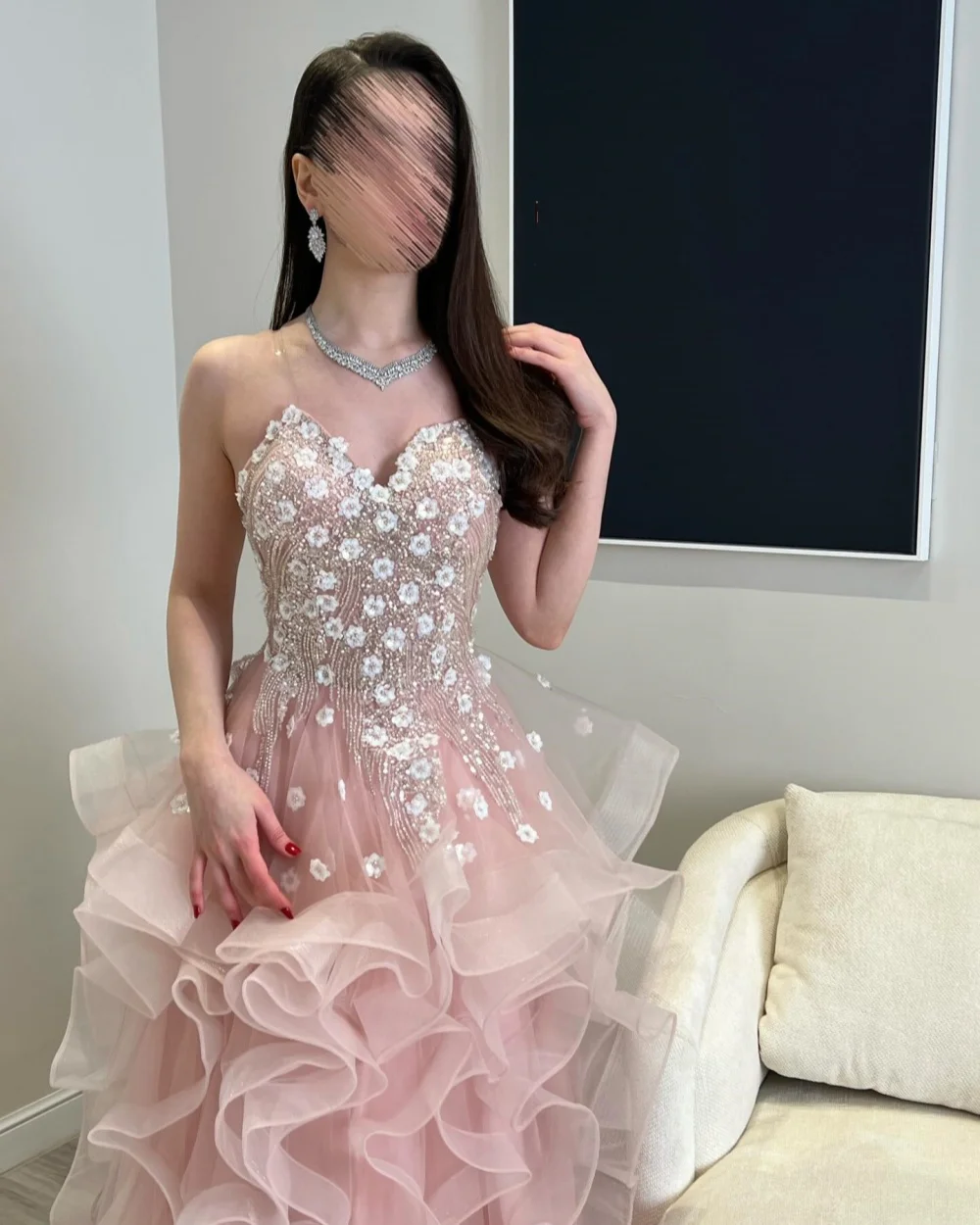 

Customized Exquisite Women Tulle Handmade Flower Beading A-Line Evening Dresses Fashion Sweetheart Sleeveless Floor Lenght Dress