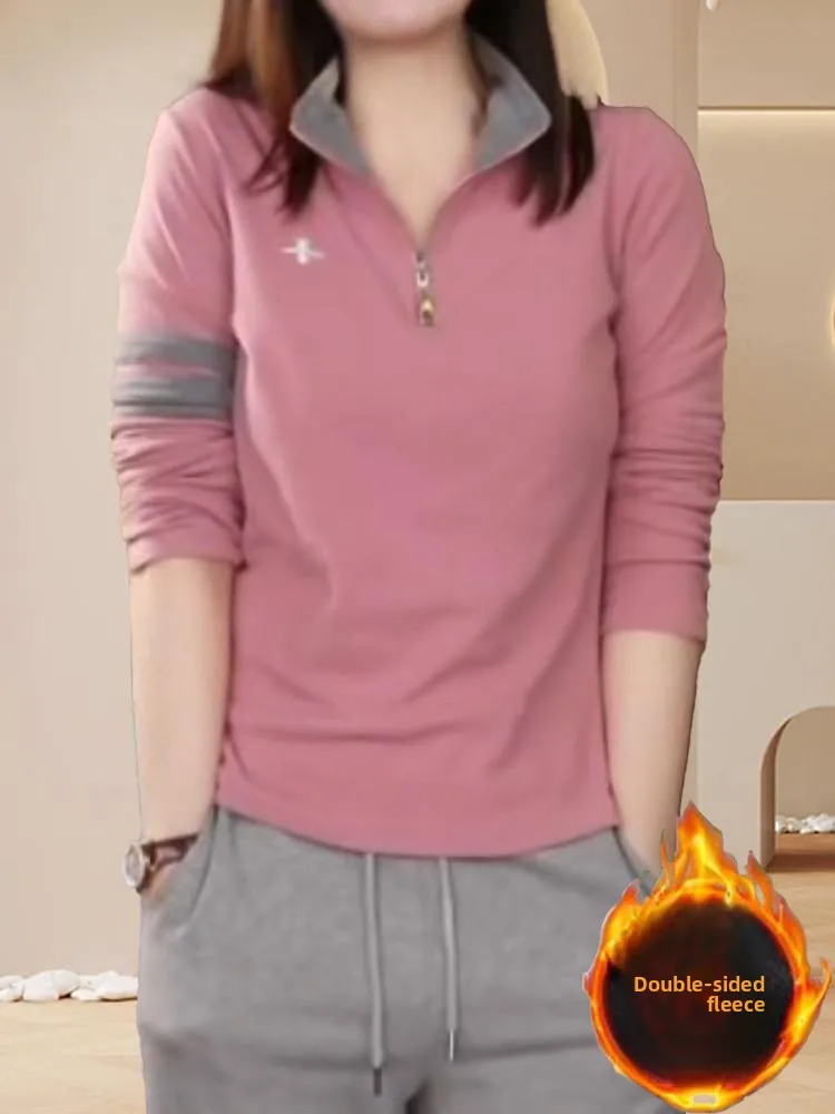 

Double-Sided Velvet Color Blo f-Zip Long Sve Women's T-irt Faionable Age-Defng Base Layer Top for Autumn Winter