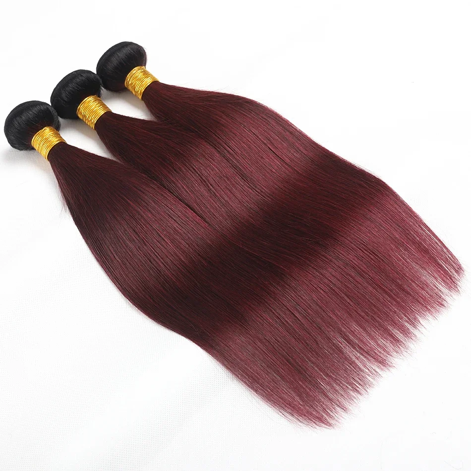 Extensiones de cabello humano brasileño, mechones de cabello humano liso de color borgoña 1b 99j, ombré, hueso rojo vino, 1/3 /4 piezas