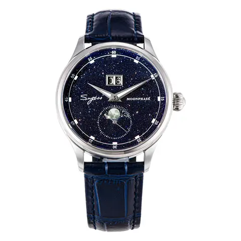 Sugess Moonphase Watch of Men 40mm Automatic Mechanical Wristwatches Origin ST2528 Movement Stainless Steel Blue Sandstone Dials