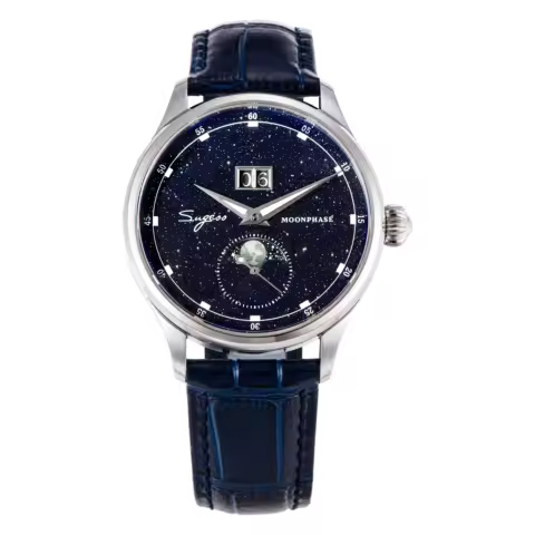 Sugess Moonphase Watch of Men 40mm Automatic Mechanical Wristwatches Origin ST2528 Movement Stainless Steel Blue Sandstone Dials