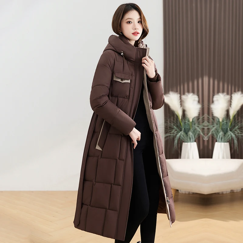

plus Size Winter Cotton Jaet Women's Thiened Long Over-Knee Slimming Faionable Coat with Waist-Cinching Hooded Zipper