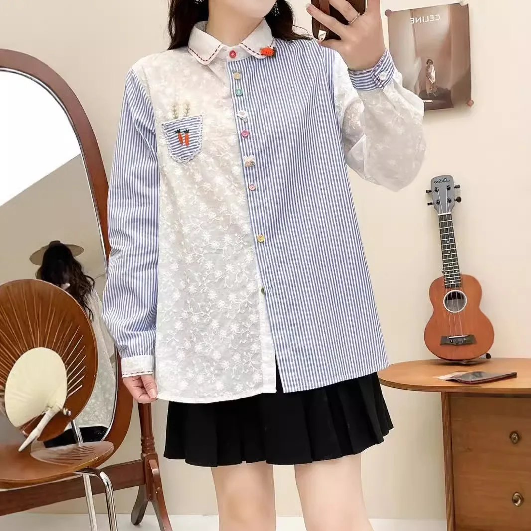 Japan Style Mori Girl Carrot Embroidery Lace Striped Patchwork Shirts Women Spring Autumn Vintage Long Sleeve Stylish Blouse Top