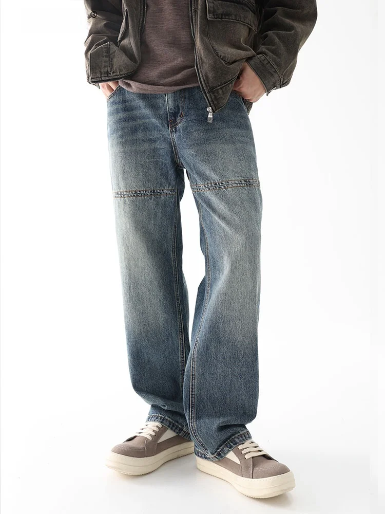 

Джинсы Uktk New American Retro Heavy Washed с эффектом потертости, дизайнерские, с комбинированным дизайном, Cleanfit, со средней/высокой талией, на молнии, из хлопкового денима