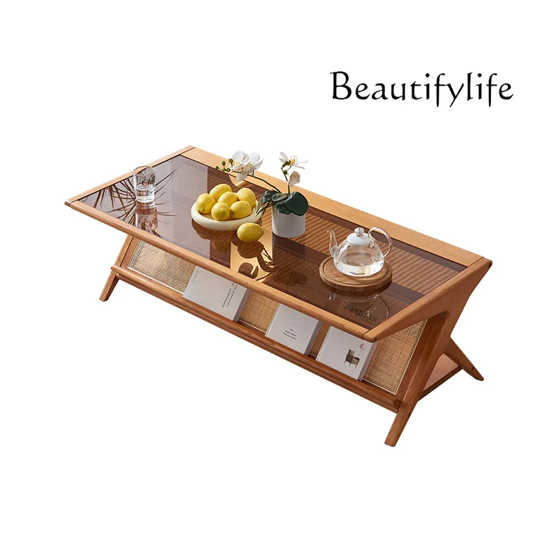 

wood coffee table wind household rectangular rattan tea table Japanese retro small apartment living room glass