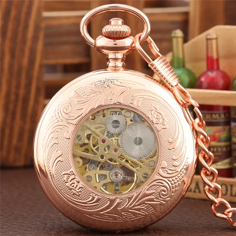 Vintage Rose Gold Roman Number Cover Men Women Handwinding Mechanical Pocket Watch Skeleton Dial with Pendant Fob Chain Gift