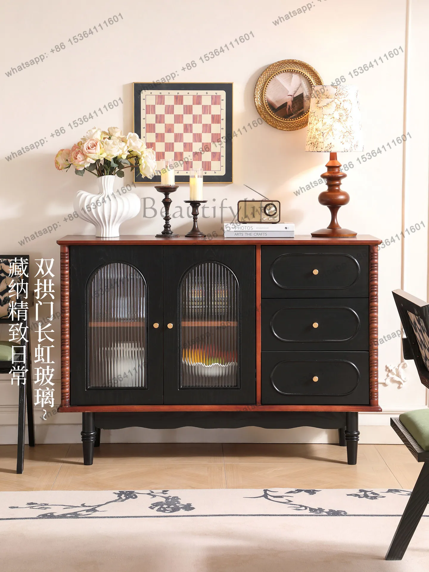 

Solid wood side cabinet French retro coffee machine placement table Locker