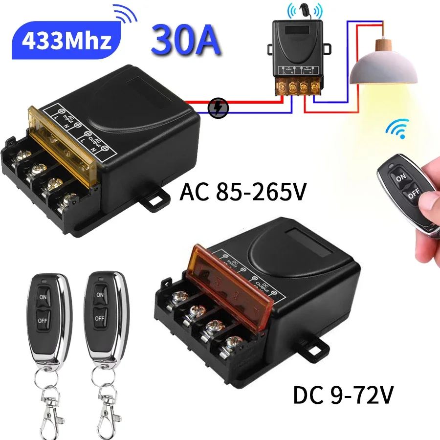 30A Wireless Remote Control Switch RF433Mhz AC 75-220V or DC 9-72V Transmitter For Water Pump Motor LED Electric Appliance