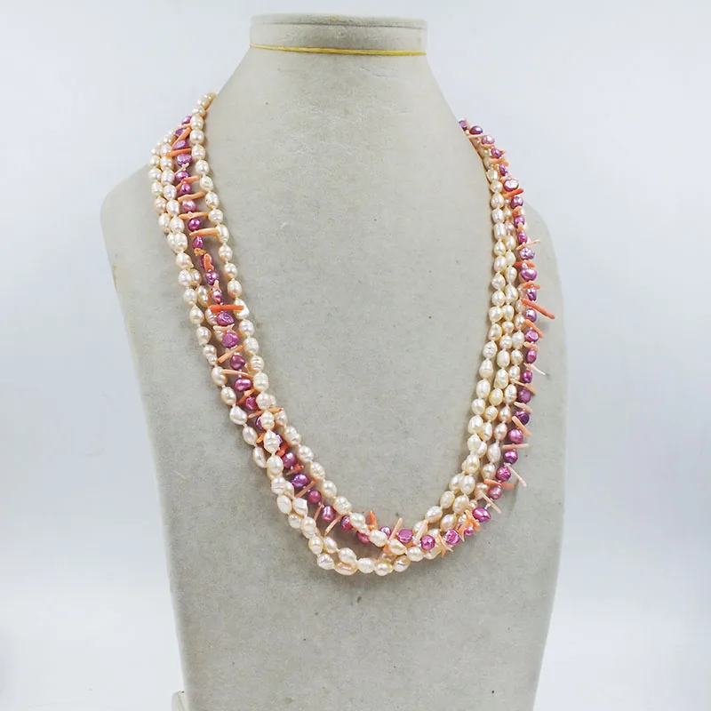  4 strands  natural freshwater pearls/coral. Fashion Retro Classic Women Party Necklace 64CM