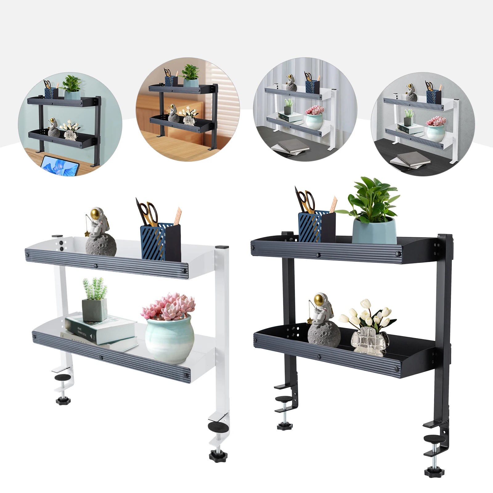 رفوف من طبقتين مع صينية تخزين قابلة للتعديل، رف مكتبي بمشبك على رف مكتب لعرض الصور والديكورات