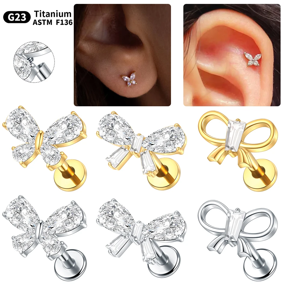 1PC 16G CZ Tragus Helix Cartilage boucles d'oreilles titane dos plat oreille Labret Piercing lèvre Stud Zircon nez Stud corps bijoux