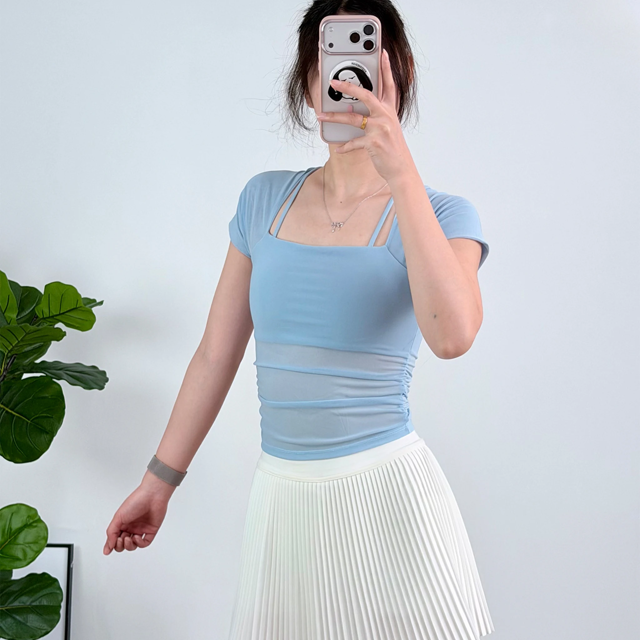 Gepolsterte Yoga-Shirts für Damen, Kurzarm-Sport-Crop-Top, Fitness-Workout-T-Shirt, Sexy Cropped-Lauf-Tights, Gym-Bekleidung – Detail 21