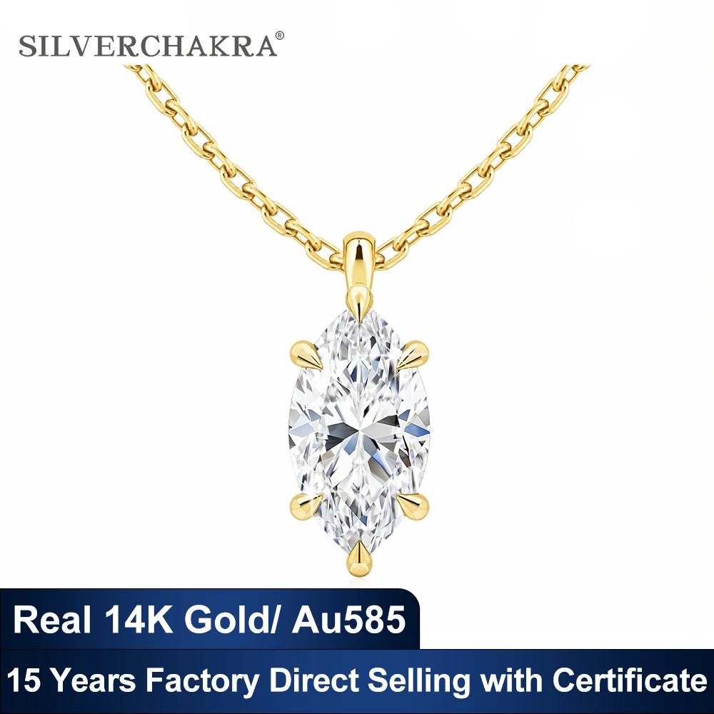 Real 14K Gold Solitaire Necklaces for Women Marquise Moissanite Diamond Pendant K Gold Wedding Engagement Gifts Luxury Jewelry