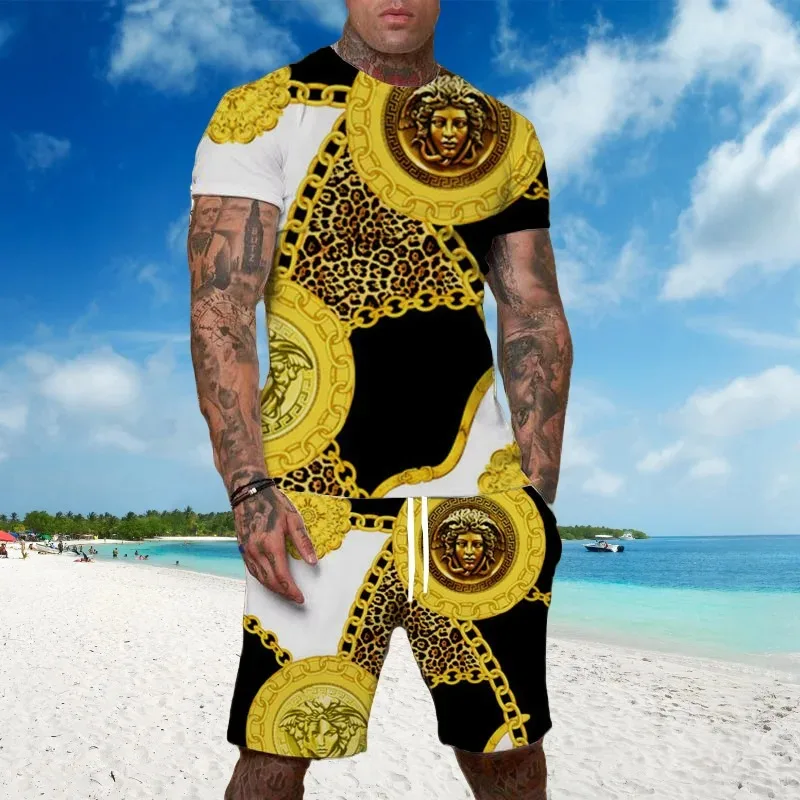 2025 Men's Casual Outdoor Sports Round Neck T-shirt Shorts Spring Summer 3D Printed Breathable Two-piece Set