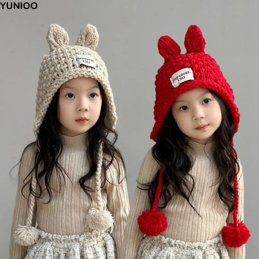 

Милая однотонная детская вязаная шапка с кроличьими ушками, мягкая теплая вязаная шапка ручной вязки, осенне-зимняя уличная защитная шапка для ушей для малышей