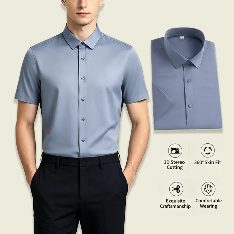 

Fashion Smooth Formal Dress High Quality Social Short Sleeve Men's Solid Color Shirts Business Slim Fit Casual Anti-wrinkle Tops