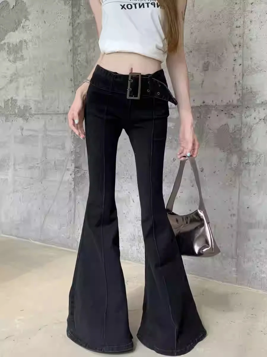 

Женские джинсы-клеш с низкой посадкой в американском ретро-стиле, темные, в стиле Dark Academia, длинные брюки в японском стиле Goblin Core, Y2K, ковбойские, High Street