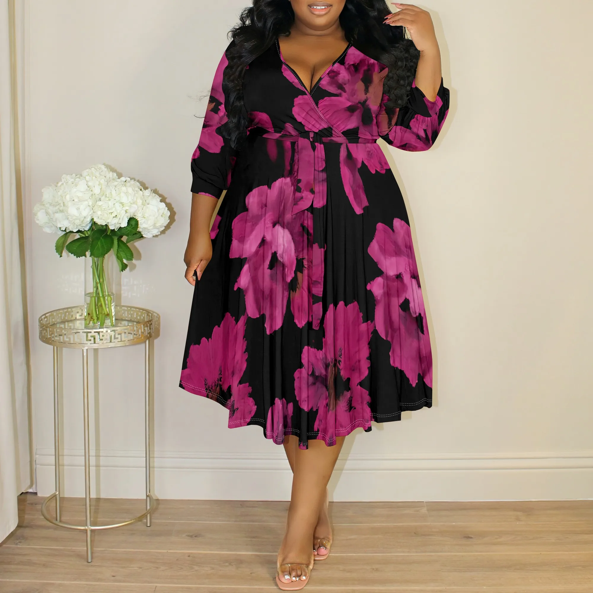 

Plus Size Floral Pleated Dress - XL-6XL V-Neck with Long Sleeves for Casual & Special Occasions