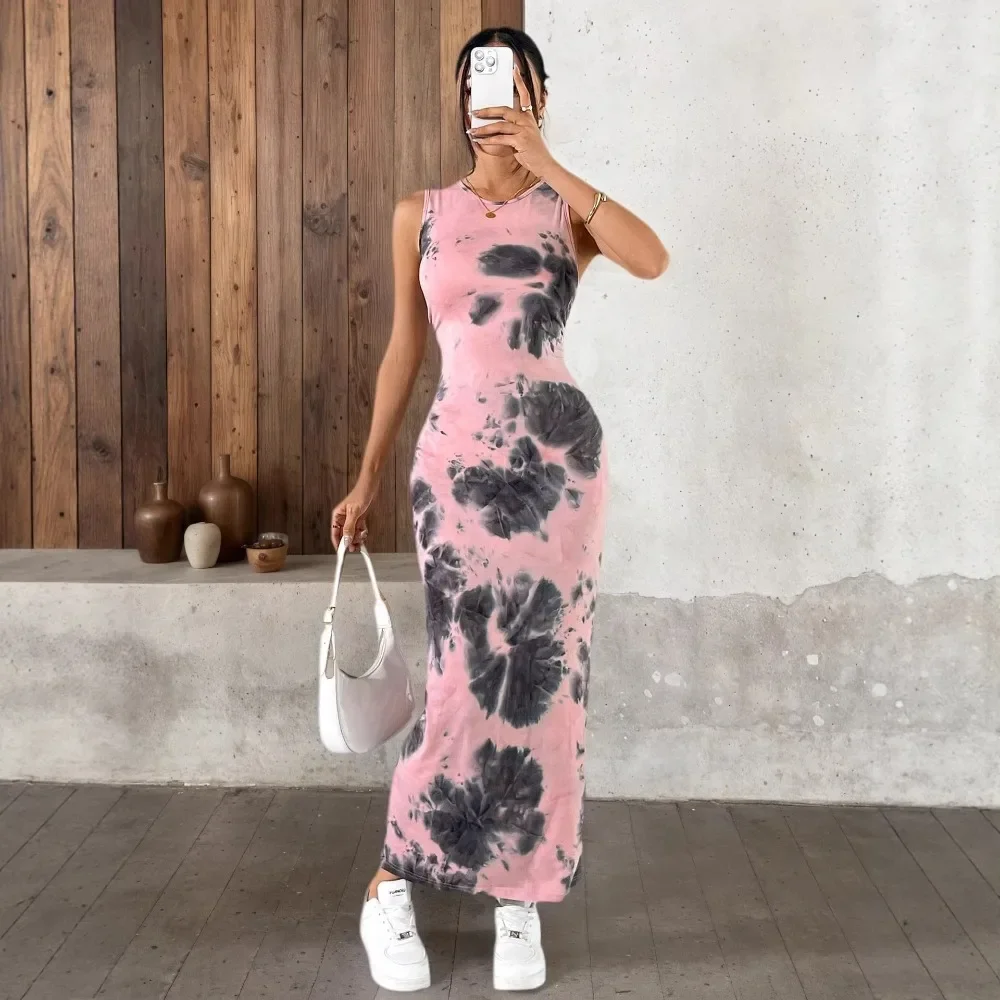 Women Printed Round Neck Sleeveless Bodycon Dress Slim Fit Stretchy Soft Breathable Flattering Casual Summer Daily Comfy New