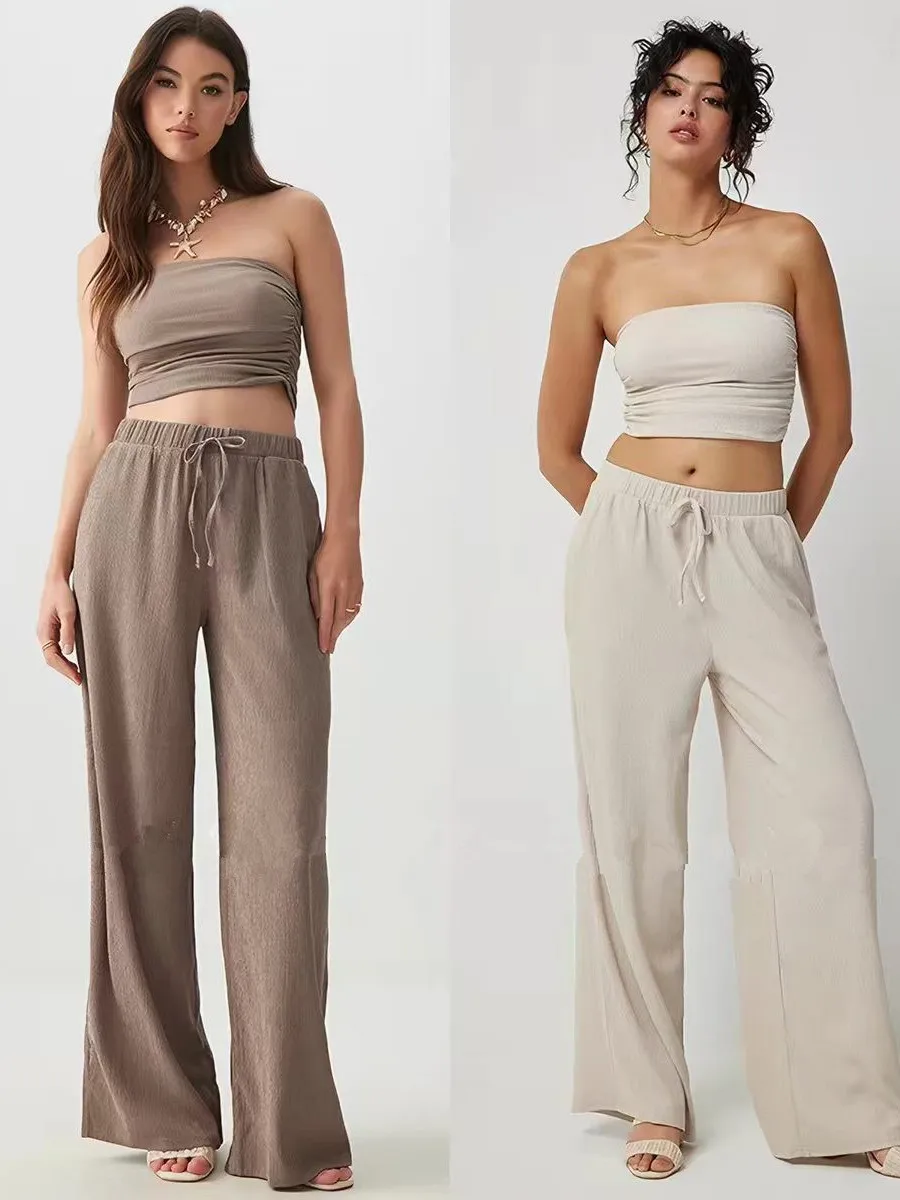 Loose Fit Wide Leg Pants Elastic Waist Slouchy Style Ultra Thin Straight Cut Long Trousers for Women Summer Casual Wear