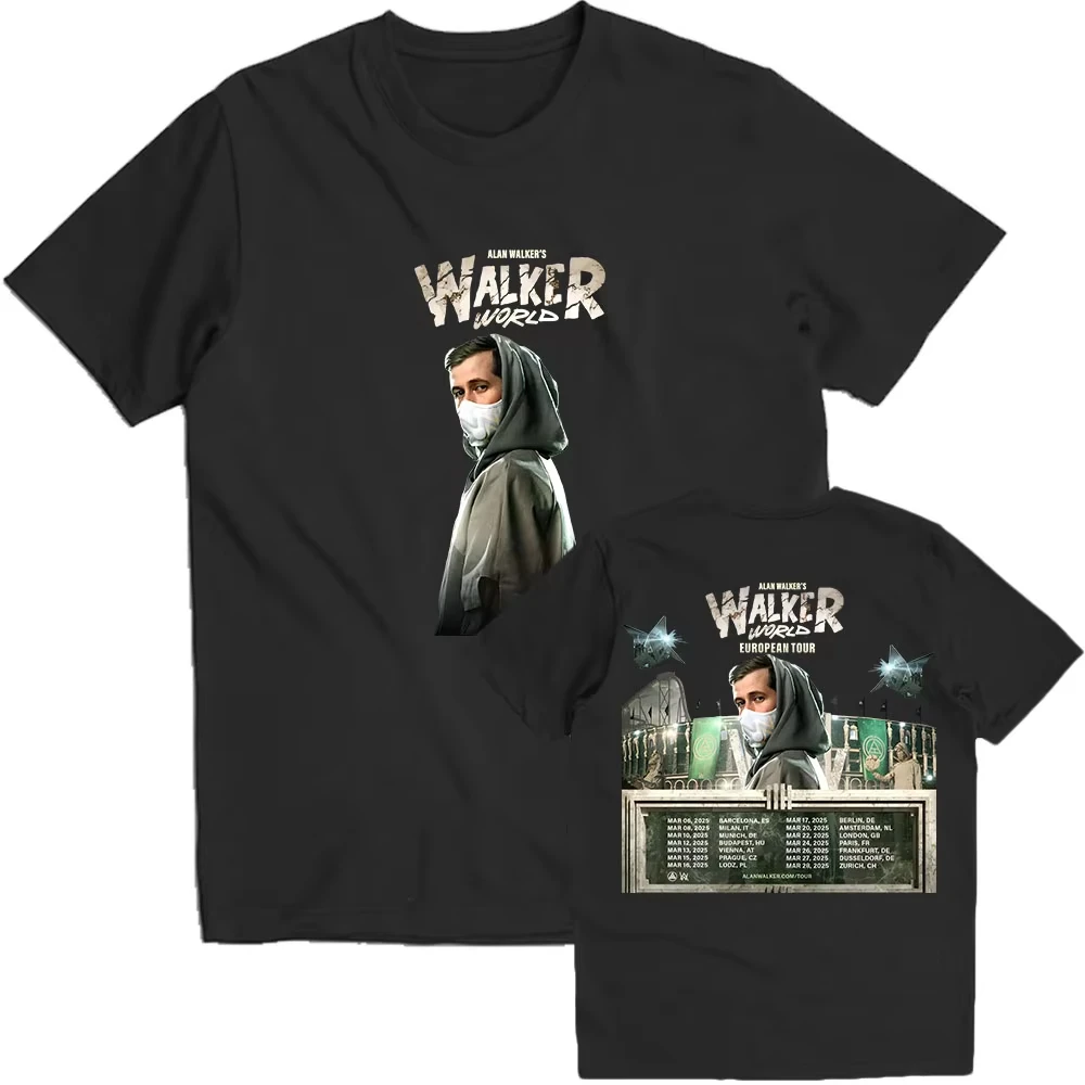 آلان ووكر جولة حول العالم 2025 تي شيرت القطن الصيف لينة الرجال النساء التي شيرت الجولة الرقبة الهيب هوب الشارع الشهير الرجال النساء المحملة القمم الملابس