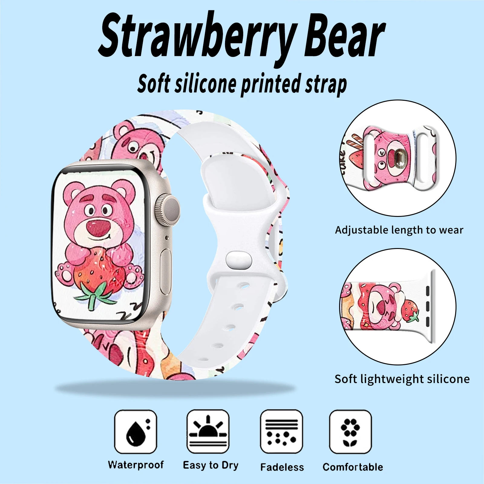 Strawberry Bear Series Print Strap for Apple Watch 46mm 44mm 42mm 41mm Silicone Band Replaceable Watchband for iWatch 11 10 9 SE
