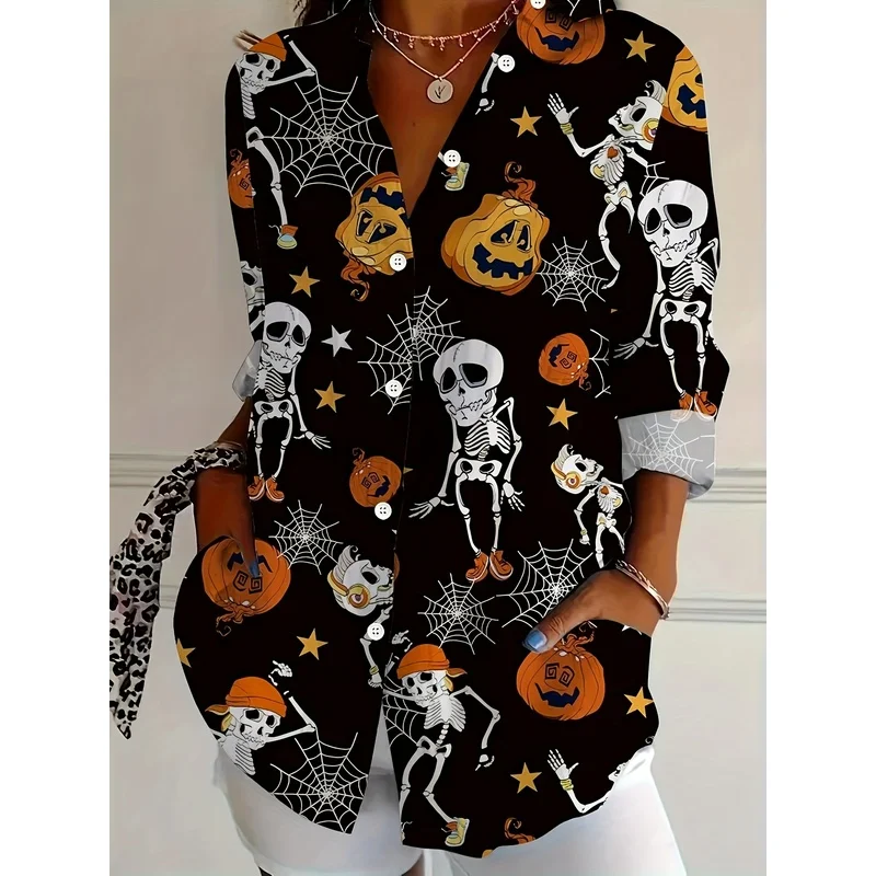 （New Halloween Collection）Skull disco and pumpkin head print long-sleeve collared shirt
