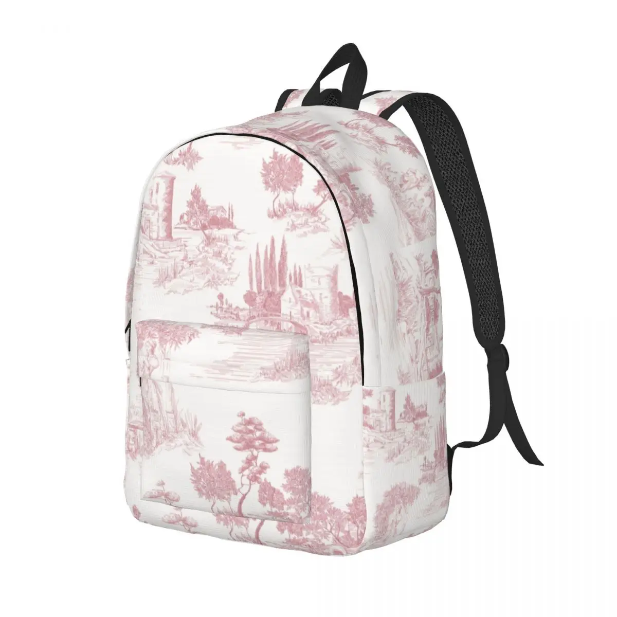 Custom 3D Printing Vintage Toile De Jouy Canvas Backpack Blush Pink White School College Travel Bags Bookbag Fits 15 Inch Laptop