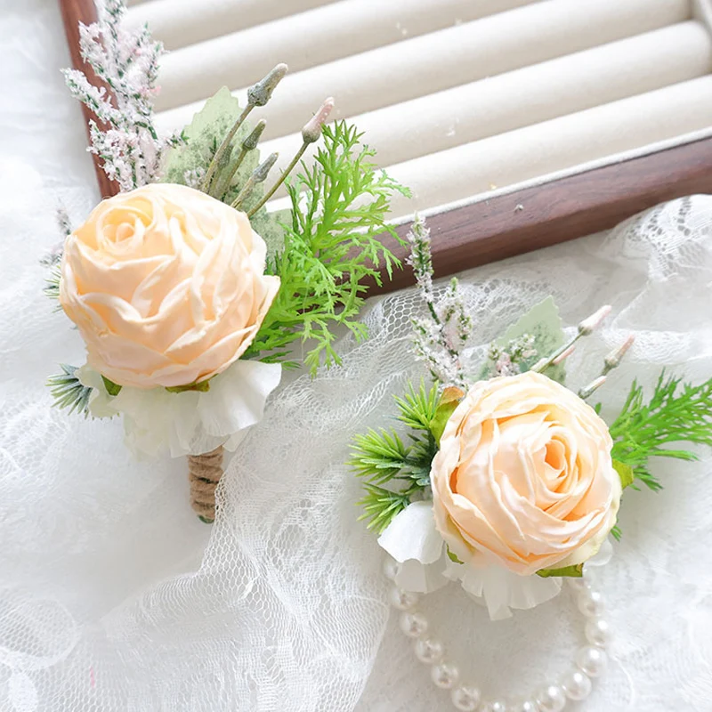 

25044 Champagne Bohemian Rose Flower Corsage & Wristlet Set - Perfect for Brides, Groomsmen, and Wedding Decorations