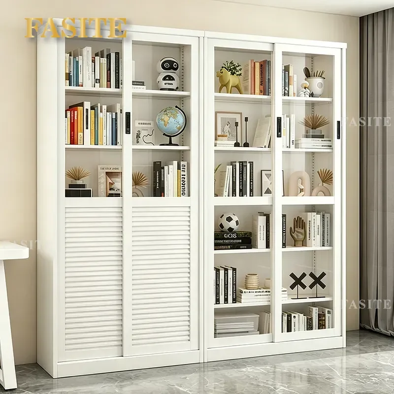 For Household School Library Wrought Iron Steel Bookcase with Sliding Glass Door Storage Display Rack Shelf Organizer