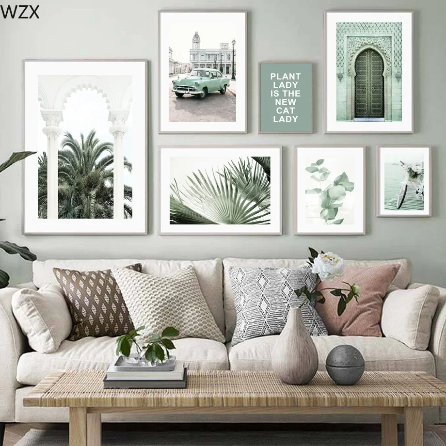 Retro Car Bike Palm Green Leaf Wall Art Painting Canvas Nordic Posters Aesthetic And Prints Wall Pictures For Living Room Decor