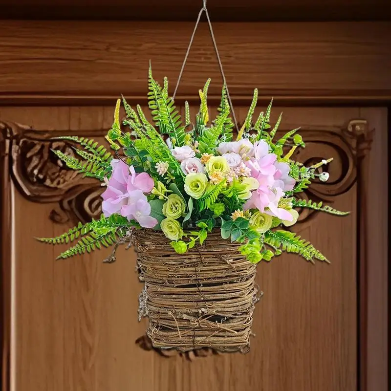 

Basket Wreaths For Front Door Artificial Rattan Basket Wreath Welcome Sign For Mother's Day Hangable Ornament For Indoor Outdoor