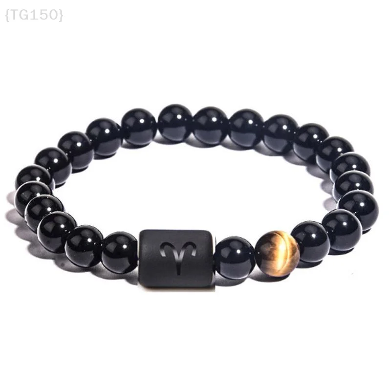 〔T〕1PcsThis Men's Aries Zodiac Bracelet Features Natural Black Agate And Tiger's Eye Stones. Incorporating Zodiac Elements