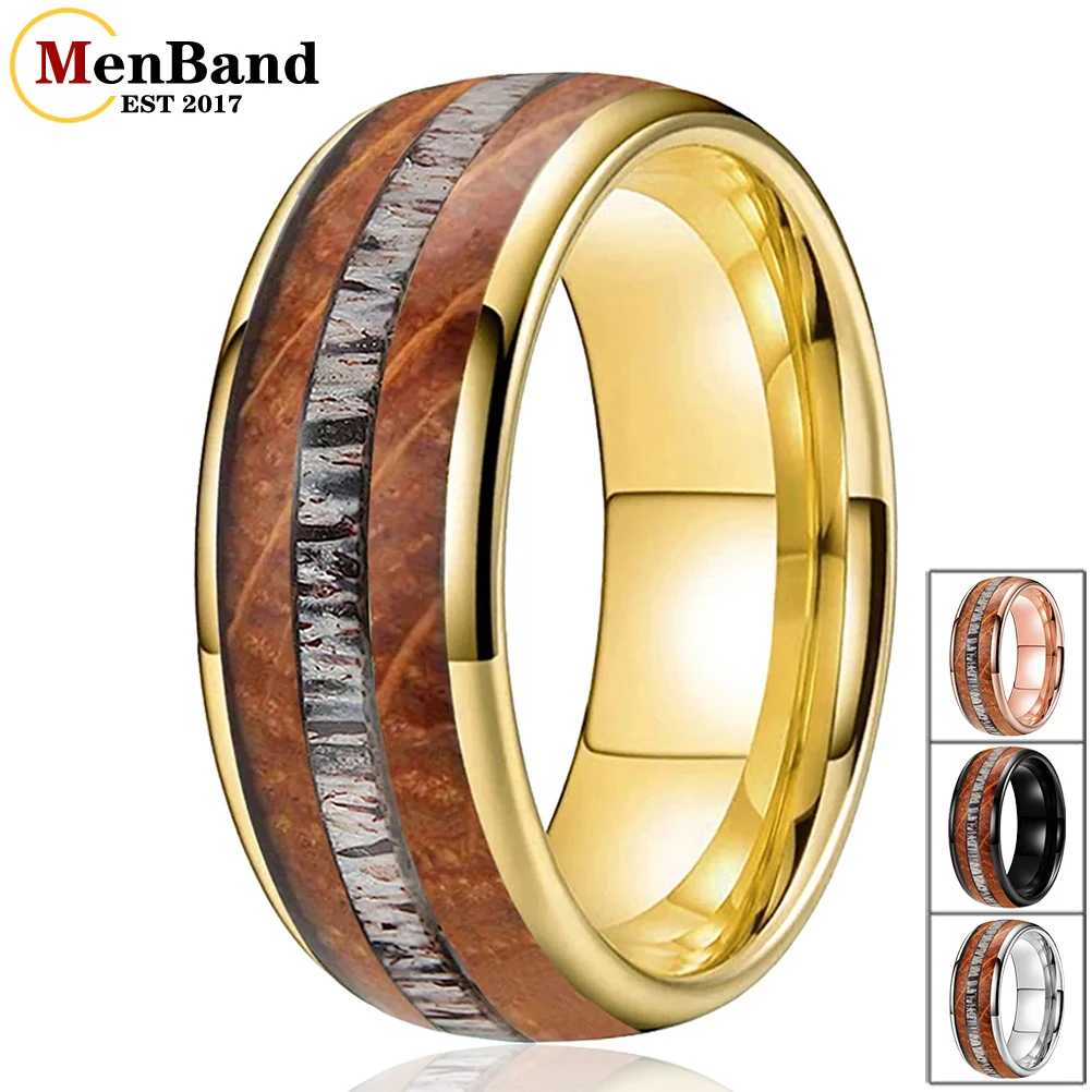 

MenBand Fashion 8MM Men Women Tungsten Carbide Wedding Ring Whiskey Barrel Oak Wood And Deer Antler Inlay Dome Comfort Fit