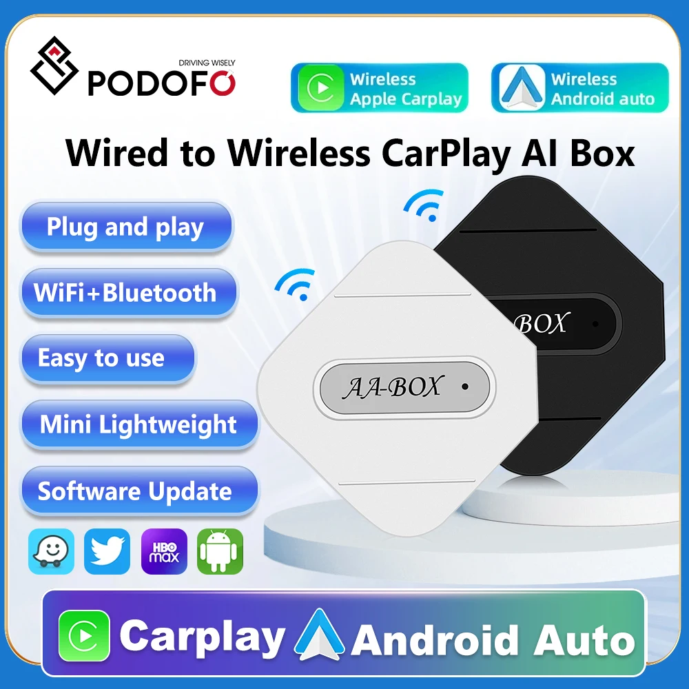 Podofo Wireless CarPlay Android Auto Adapter  Wired to Wireless CarPlay Box Plug and Play Bluetooth WiFi Connect For Universal