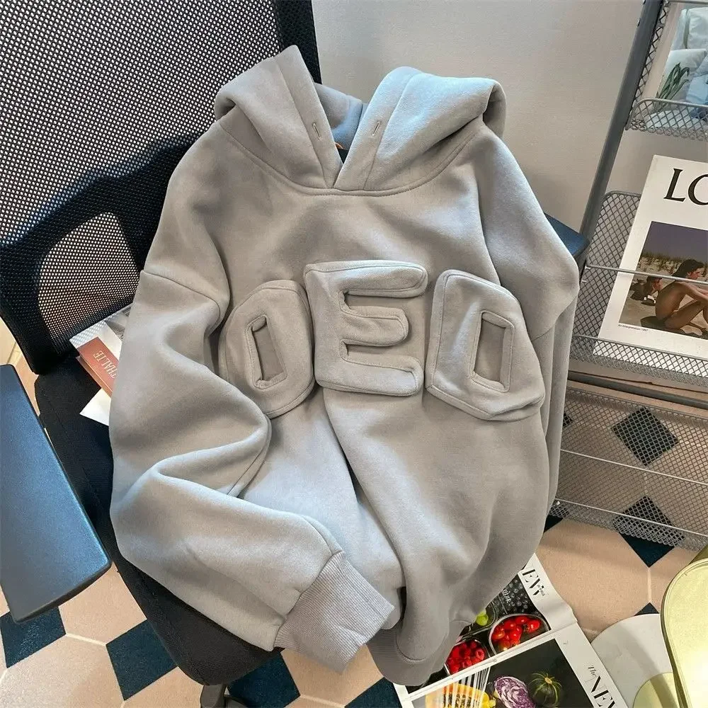 

New original retro high street oversize three dimensional letter hooded sweatshirt for women Korean style loose shoulder jacke