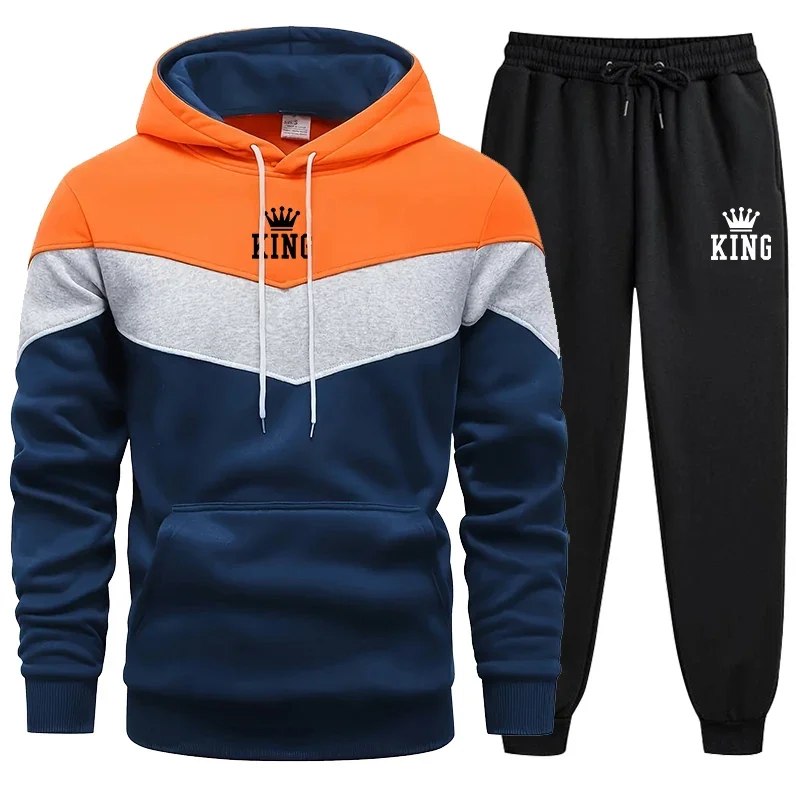 King Printing Mens Tracksuit Fashion Tricolor Hooded Sweatshirts Jogging Pants Warm Autumn Winter Popular Casual Tops Clothing